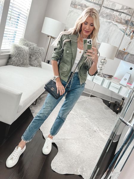 Casual weekend style ✔️ loving this cropped army jacket, so easy and such a great piece! It runs tts, I’m wearing an xs. 

#LTKover40 #LTKstyletip #LTKshoecrush