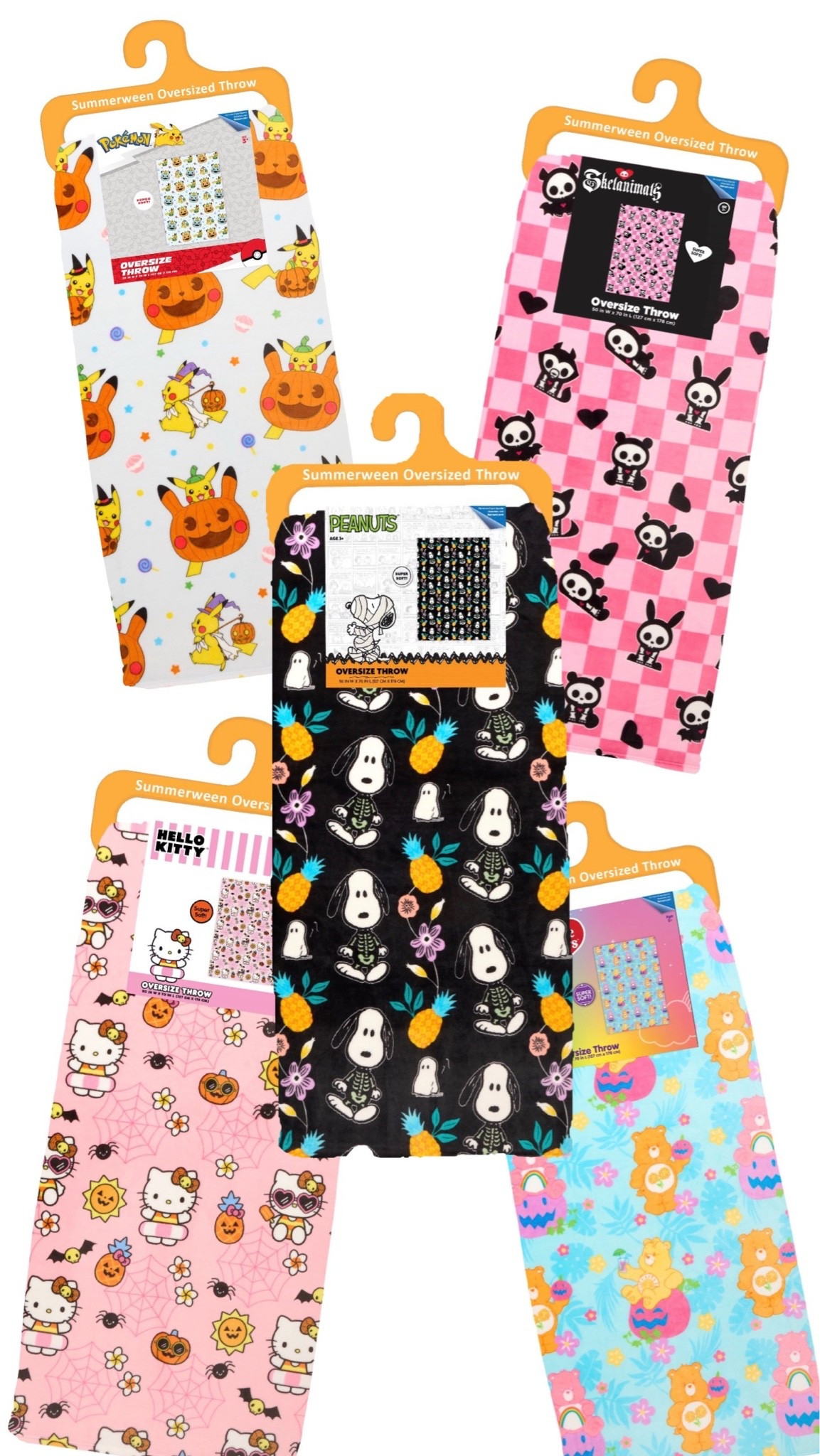 Summerween licensed character blankets. Shipping isn’t available but order pick up/store delivery may be available based on location. Pokemon, Snoopy, Hello Kitty, Skelanimals and Care Bears.

#LTKSeasonal #LTKHome