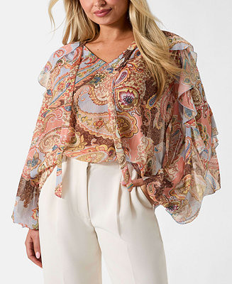GUESS Women's Paisley Ruffle Long-Sleeve V-Neck Top - Macy's | Macy's