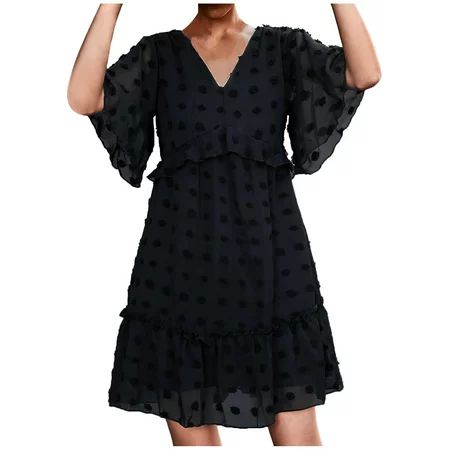 Women s Casual Chiffon Short-sleeve Dress Fashion Ruched Lace Trim V Neck Solid Color Midi Skirt Bla | Walmart (US)