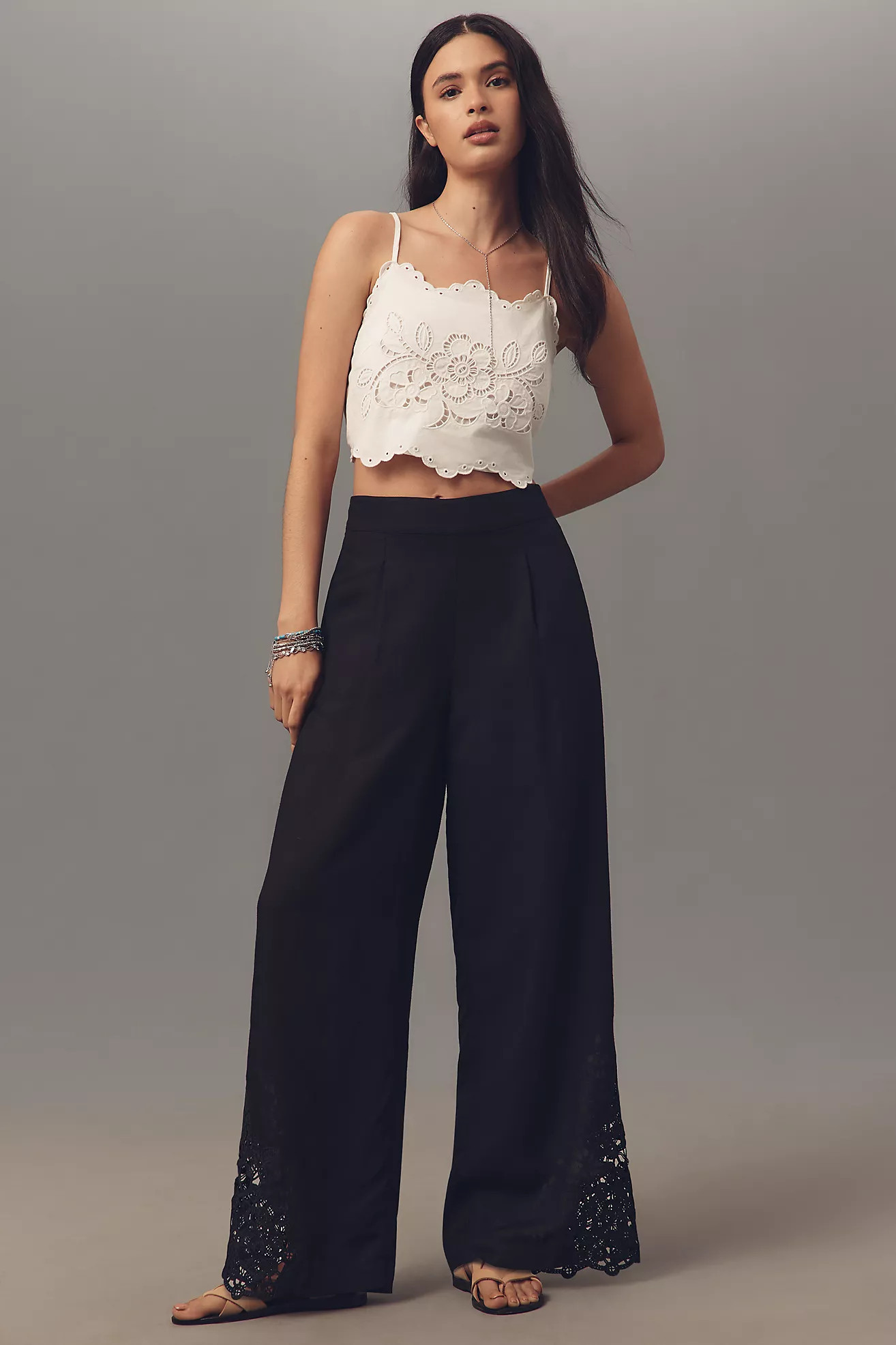 Ranna Gill Linen Blend Embroidered Wide-Leg Pants | Anthropologie (US)