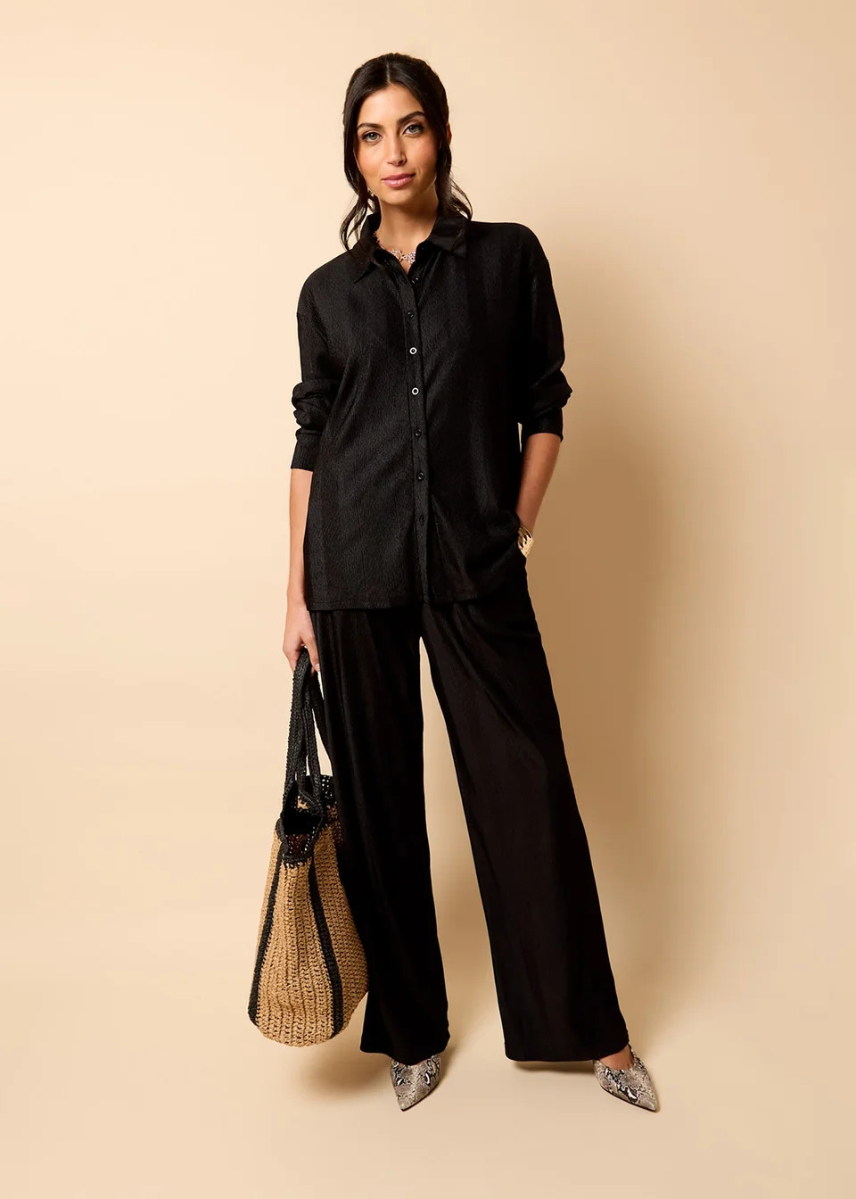 Little Mistress Black Co Ord Plisse Shirt by Vicky Pattison | Matalan (UK)