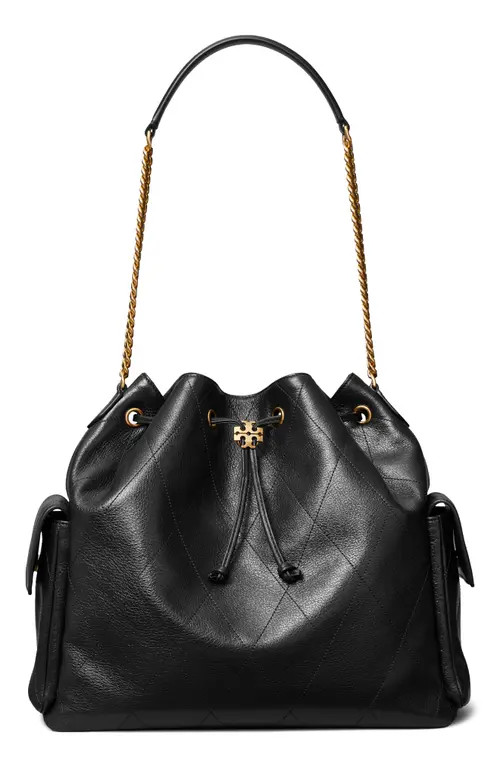 Tory Burch Large Charlie Quilted Leather Drawstring Shoulder Bag in Black at Nordstrom | Nordstrom