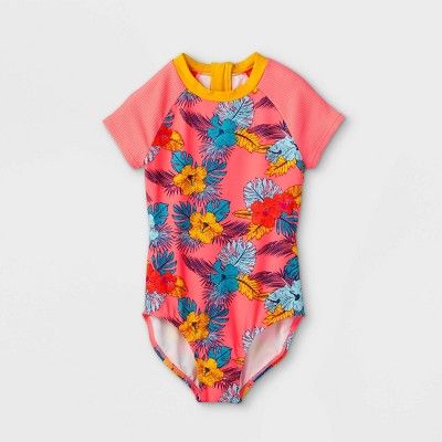 Girls' Retro Tropical Floral Print Short Sleeve Back-Zip One Piece Swimsuit - art class™ Coral | Target