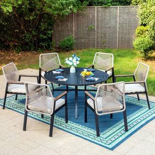 PHI VILLA 7-Piece Black Metal Patio Outdoor Dining Set with Round Table and Woven Rope Chair with... | The Home Depot