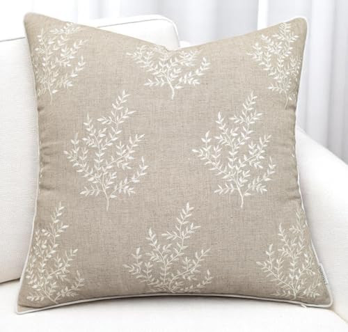 VAGMINE Embroidered Botanical Accent Pillow Cover 18x18 – Natural Linen Square Cushion Cover fo... | Amazon (US)