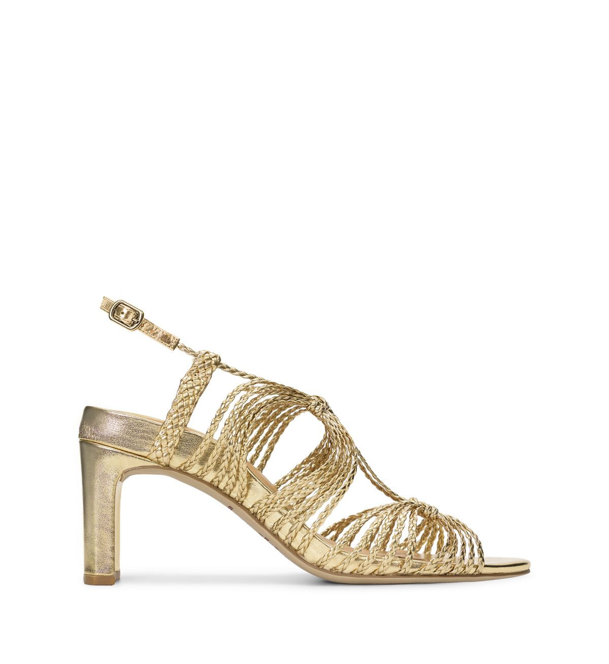 Songlark Gold Woven Leather Dressy Heels | Bared Footwear