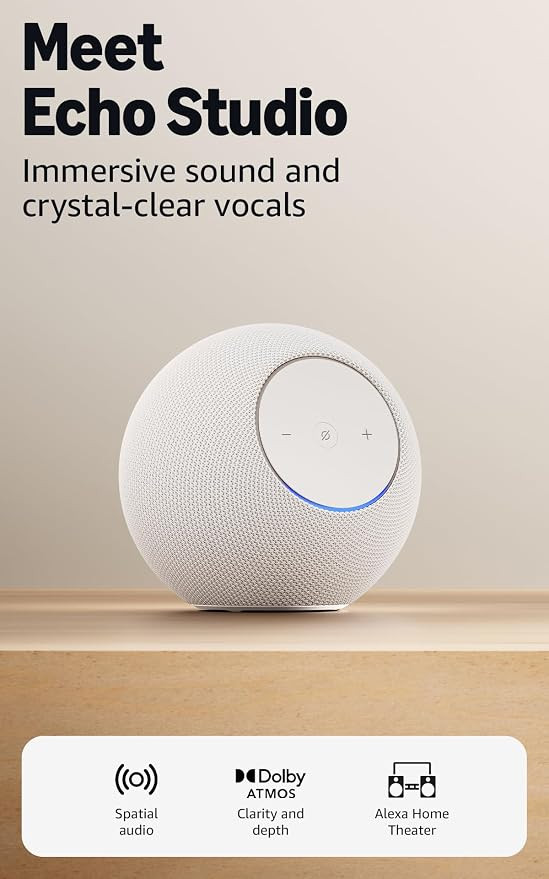 Amazon Echo Studio (newest gen), compact design, immersive spatial audio and Dolby Atmos, Glacier... | Amazon (UK)