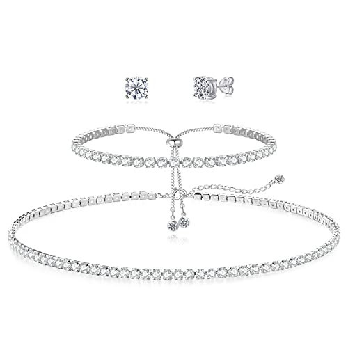 HERIER Tennis Necklace Set for Women Crystal Bracelet Diamond Earrings Sterling Silver Jewelry for Bride Dainty Silver Rhinestone Choker Necklaces for Women Trendy | Amazon (US)