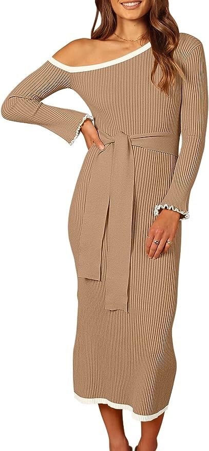 Caracilia Women's Long Sleeve Off Shoulder Midi Sweater Dress Contrast Striped Slim fit Ribbed Kn... | Amazon (US)
