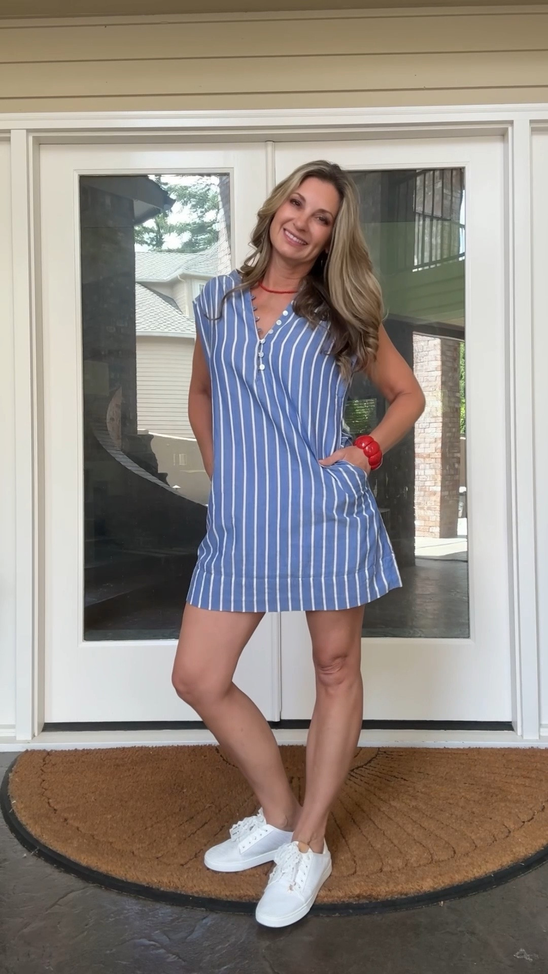 An effortless summer shift dress that is on sale ✨ This striped dress from Evereve has the cutest Henley-style button neckline. Fully lined & bra friendly - won’t last long! Wearing size xs.

#LTKootd #LTKOver40