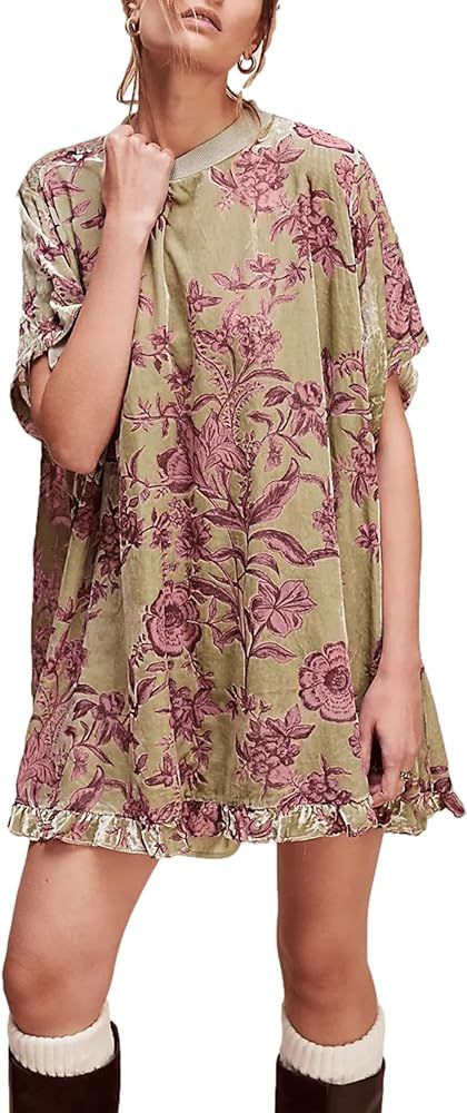 Boho Floral Mini Dress for Women 2024 Y2k Puff Sleeve V Neck Flowy Short Dress Cute Smocked Summe... | Amazon (US)