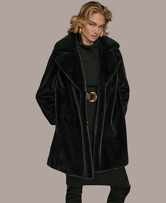 Donna Karan New York Women's Notched-Collar Faux-Fur Coat - Macy's | Macy's