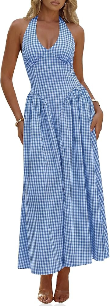 Wenrine Womens Halter V Neck Corset Maxi Dresses Summer Plaid Smocked Tie Back Backless Wedding G... | Amazon (US)