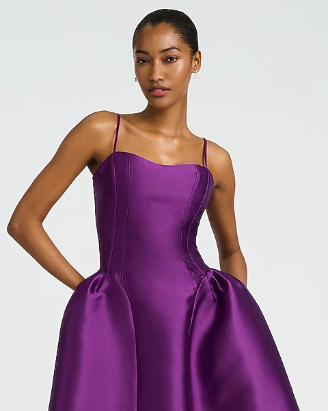 Satin Sweetheart Drop Waist Midi Fit and Flare Dress with Pockets | Express