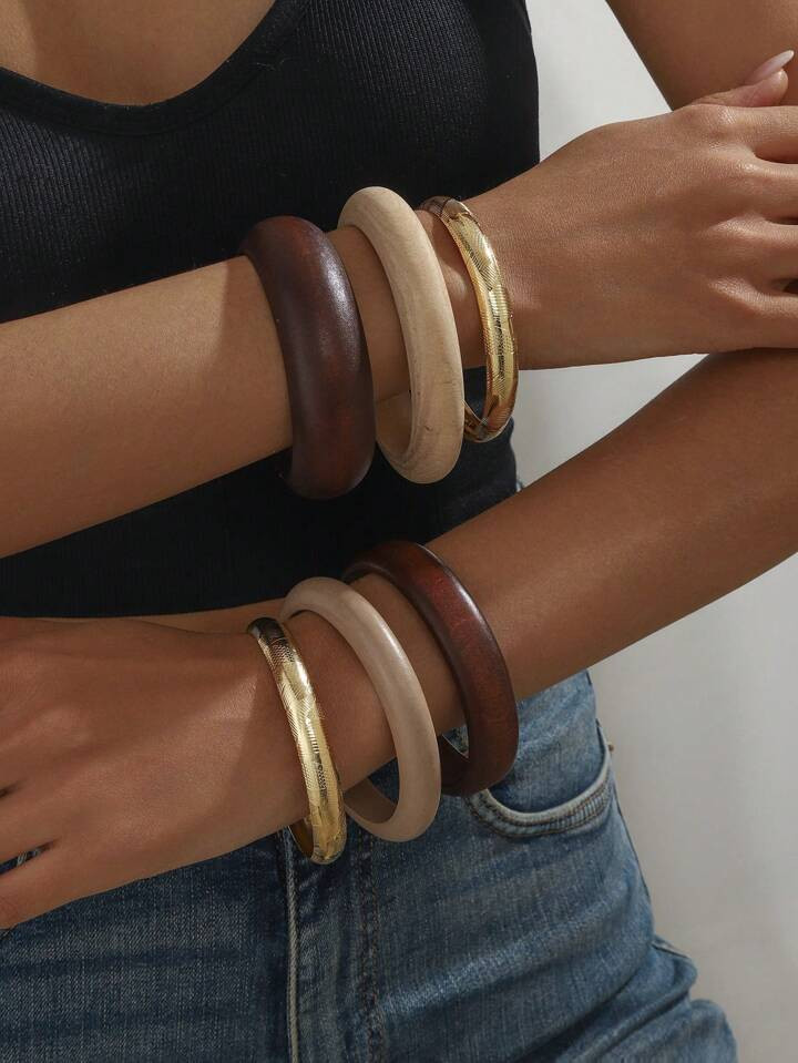 3pcs Vintage Geometric Wooden Resin Metal Bangle Bracelet Set, Suitable For Women Casual, Party W... | SHEIN