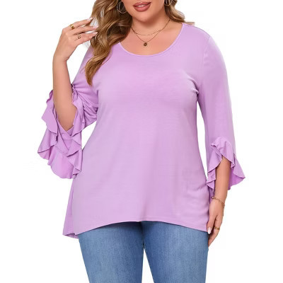 Womens Plus Size Tops 3/4 Ruffle Sleeve Shirts Loose V-Neck Dressy Casual Tunic Blouses Light Purple XL | Target