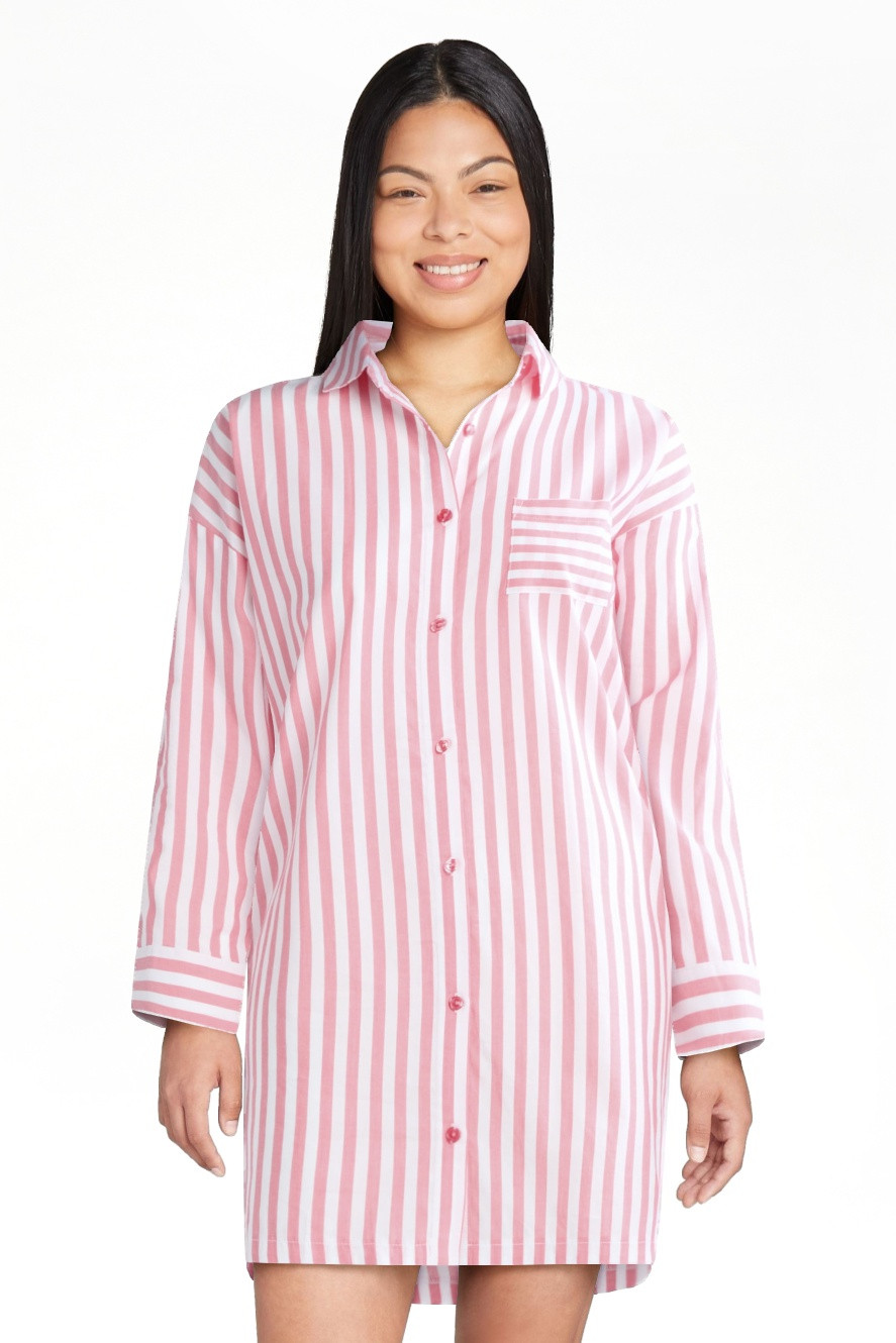 Joyspun Women’s Woven Long Sleeve Button Front Sleepshirt, Sizes XS-3X | Walmart (US)