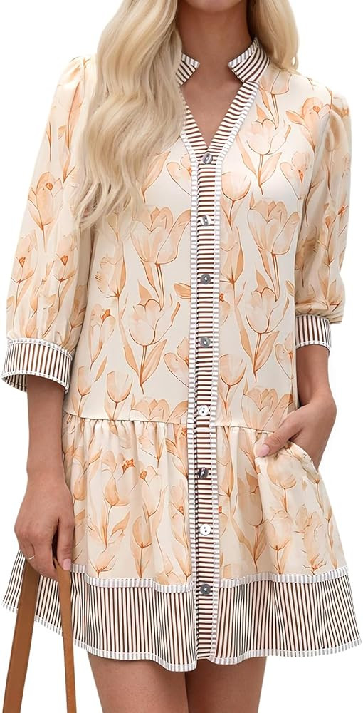 Wenrine Women's Floral Boho Mini Dress 3/4 Long Sleeve V Neck Casual Button Down Shirt Dresses | Amazon (US)
