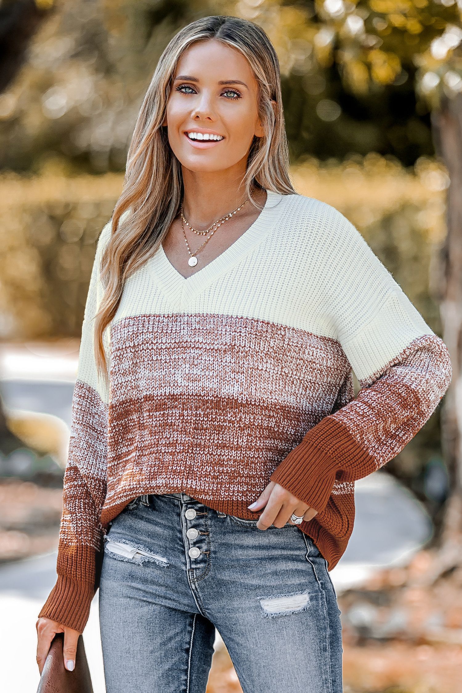 Striped V-Neck Drop Sleeve SweaterNew | Cupshe US