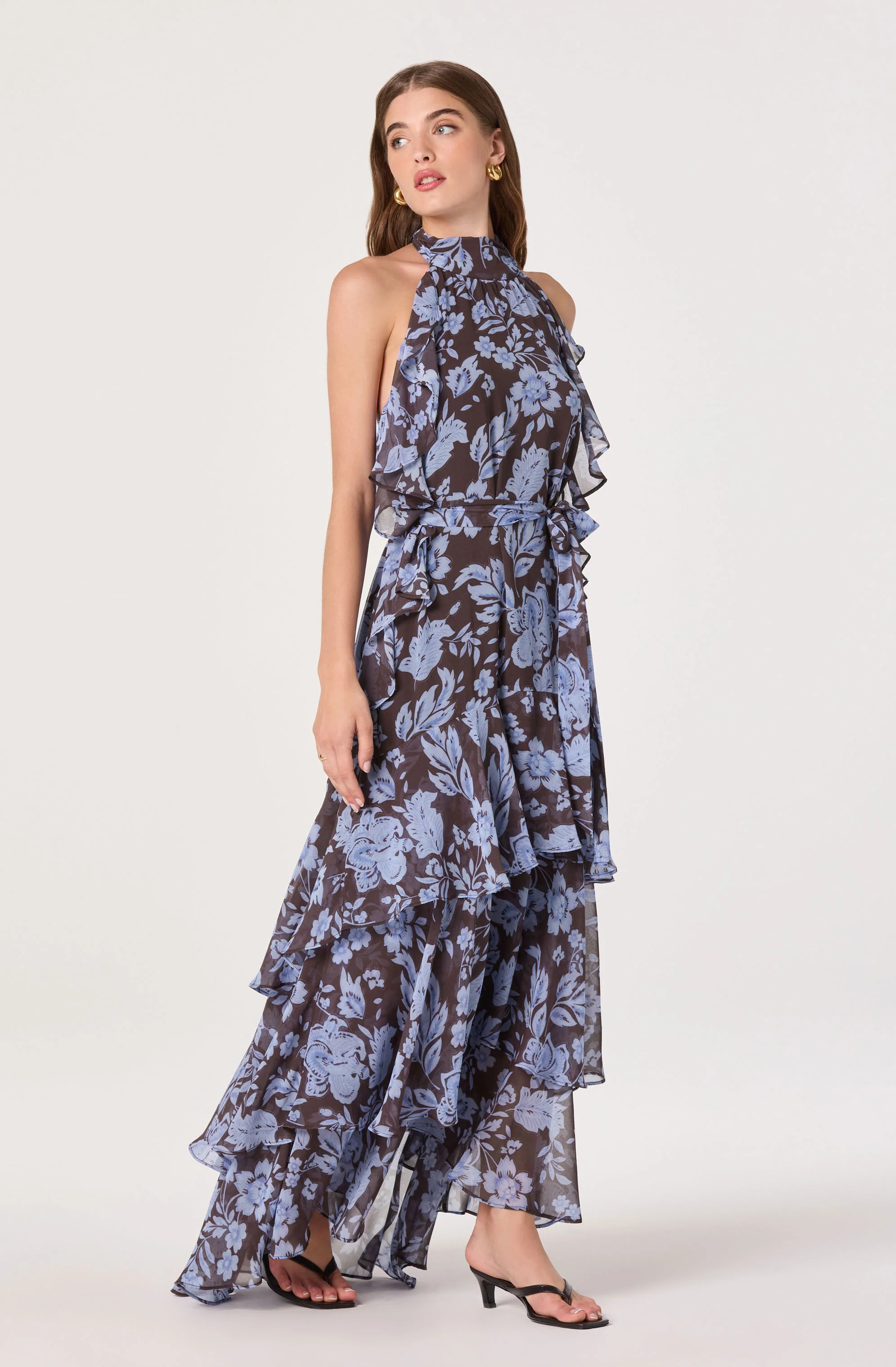 Lae High-Neck Ruffle Maxi Dress - Blue brown floral / XS | ASTR The Label (US)