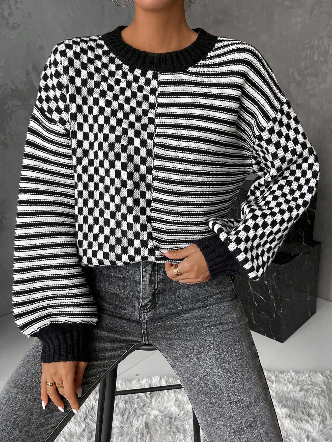 SHEIN LUNE Striped and Checker Pattern Drop Shoulder Sweater | SHEIN