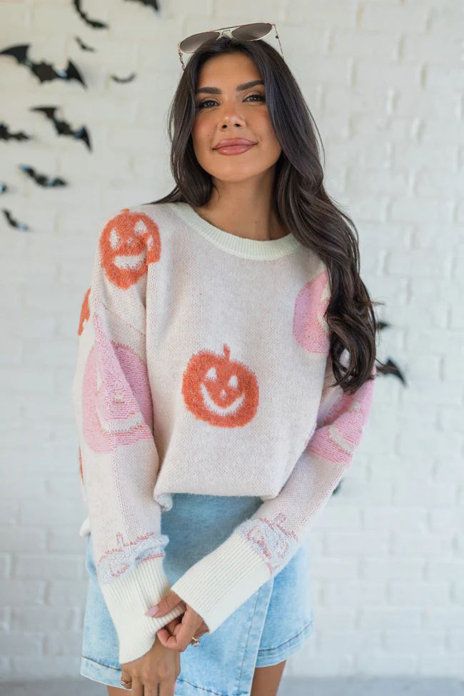 Pumpkin Queen Ivory Multi Fuzzy Embroidered Sweater | Pink Lily