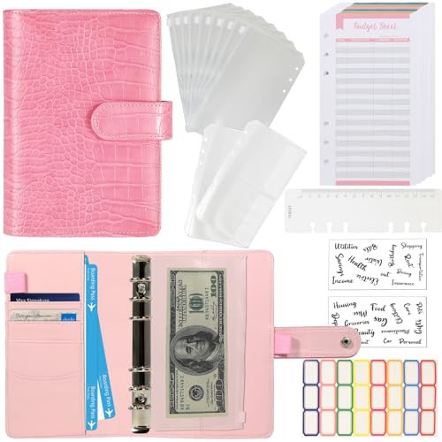 Budget Binder with Zipper Envelopes - Crocodile Pattern Leather Money Organizer, Cash Saving Book Budgeting Planner, Cash Stuffing Folder Envelope System, A6 Bill Binders with Pockets, Pink | Amazon (US)