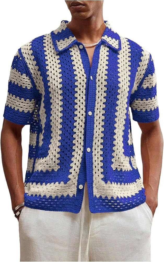 BEAUDRM Men's Striped Knit Shirts Short Sleeve Button Down Shirt Crochet Hollow Out Summer Beach ... | Amazon (US)