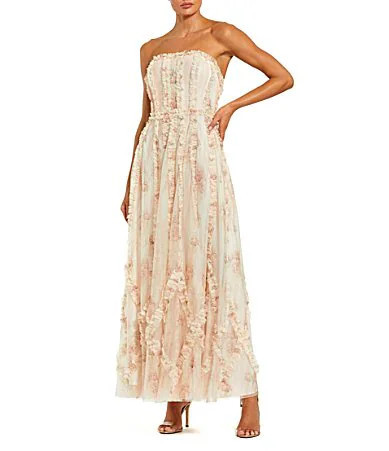 Mac Duggal Strapless Floral Print Micro Ruffle Mesh Maxi Dress - 6 | Dillard's