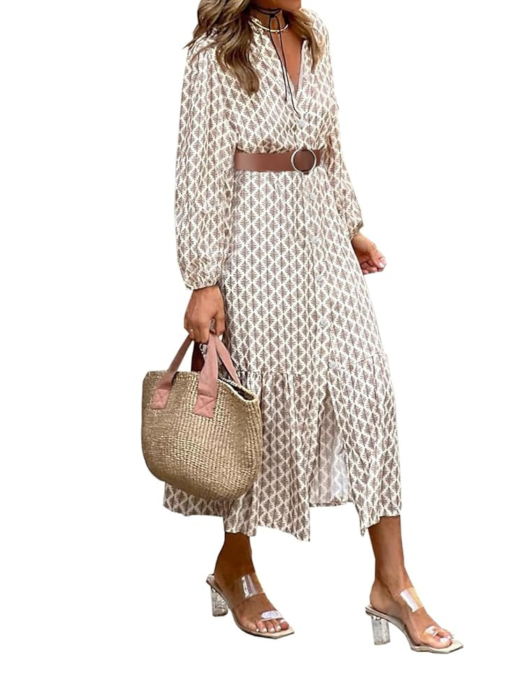 LOLONG Women's Casual Button Front Midi Dresses Spring 2025 Puff Long Sleeve Printed Ruffle Hem B... | Amazon (US)