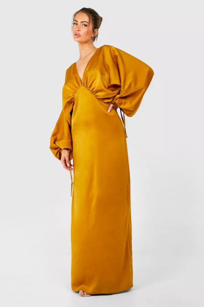 Satin Extreme Blouson Sleeve Plunge Maxi Dress | boohoo (US & Canada)