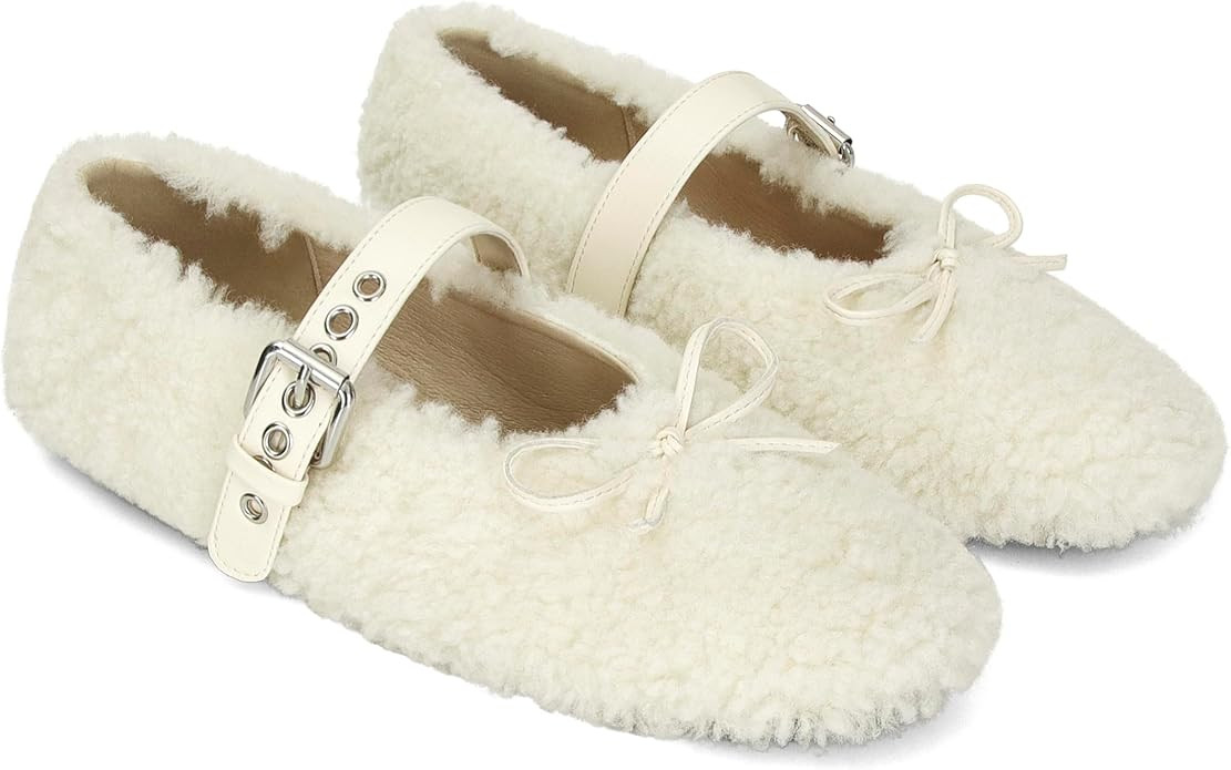 Fur Ballet Flats with Buckle for Women Comfy Faux Shearling Mary Jane Flats Adjustable Strap Ball... | Amazon (US)