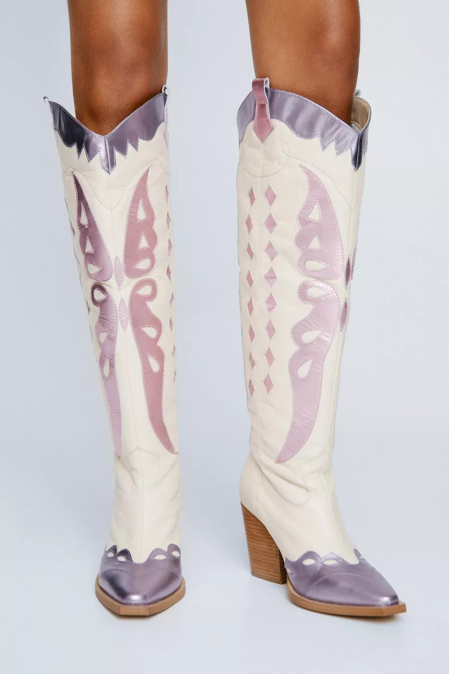 Leather Metallic Butterfly Knee High Western Boot | Nasty Gal (US)