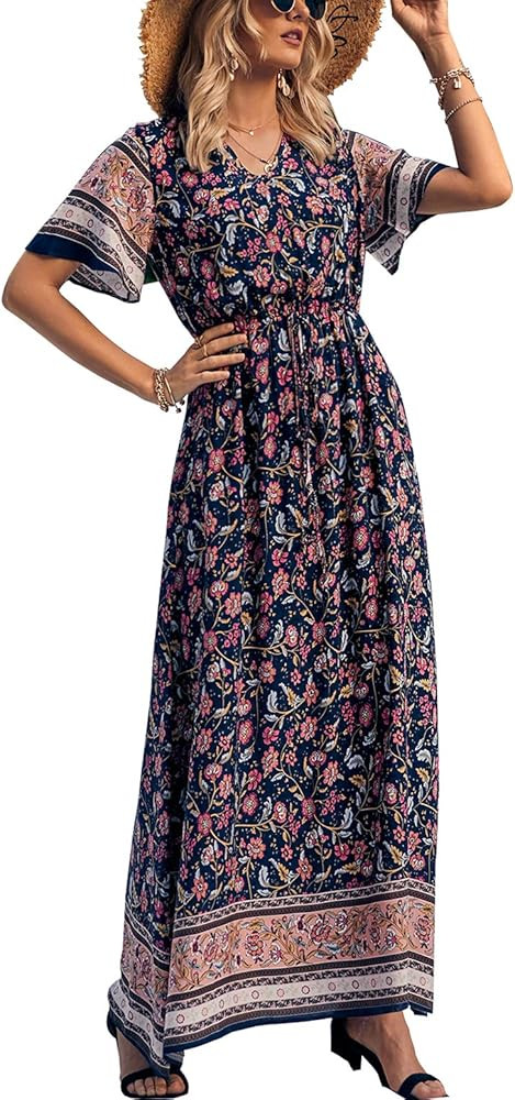 KIRUNDO Women’s Summer Dress Casual Floral Short Sleeve Long Maxi Dress Sexy V Neck High Waist Boho  | Amazon (US)
