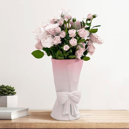 Relexome Pink White Ceramic Bow Vase 9.64 in Unique Cute Modern Decorative Bouquet Flower Vases for Home Living Room Table Decor | Amazon (US)