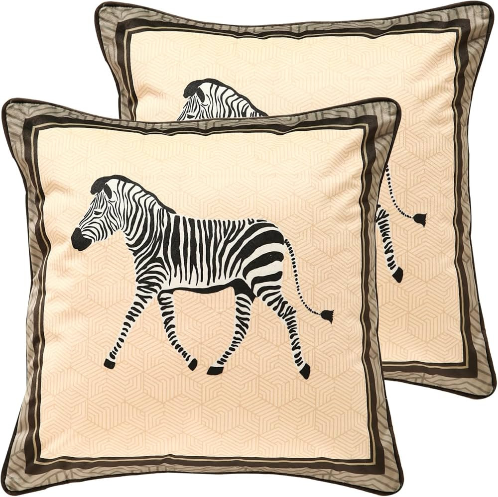 Designer Animal Print Velvet Throw Pillow Cover 18x18 inches,Light Yellow Checkered Zebra Pattern... | Amazon (US)