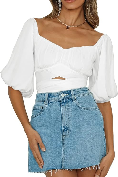 Umenlele Women's Sexy Off Shoulder Ruched Puff Half Sleeve Tie Knot Blouse Crop Top | Amazon (US)