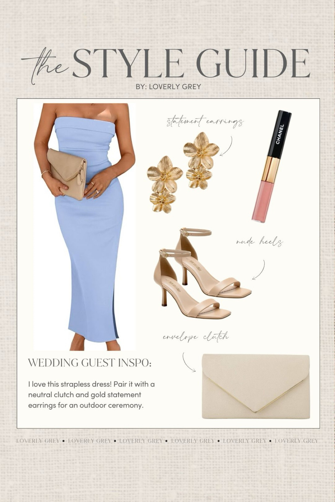 Wedding guest outfit idea. This strapless dress and neutral clutch are perfect for an outdoor wedding. Loverly Grey, wedding guest 

#LTKWedding #LTKStyleTip #LTKSeasonal