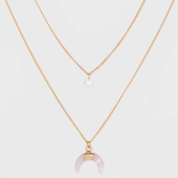 Two Rows with Semi-Precious Rose Quartz and Cubic Zirconia Short Necklace | Target