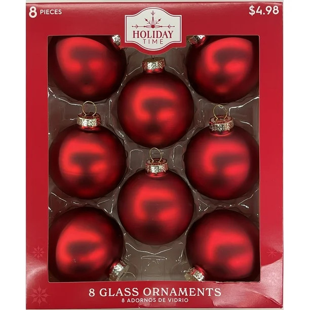 Holiday Time Solid Glass Ball Christmas Ornaments, 2 5/8" (67MM), 8 Count, Boxed Glass, Matte Red... | Walmart (US)