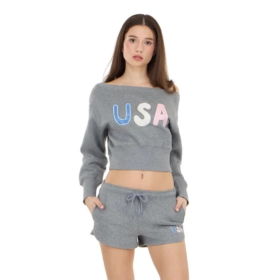 Forever 21 Women's Off Shoulder Fleece Sweatshirt with Patches | Walmart (US)