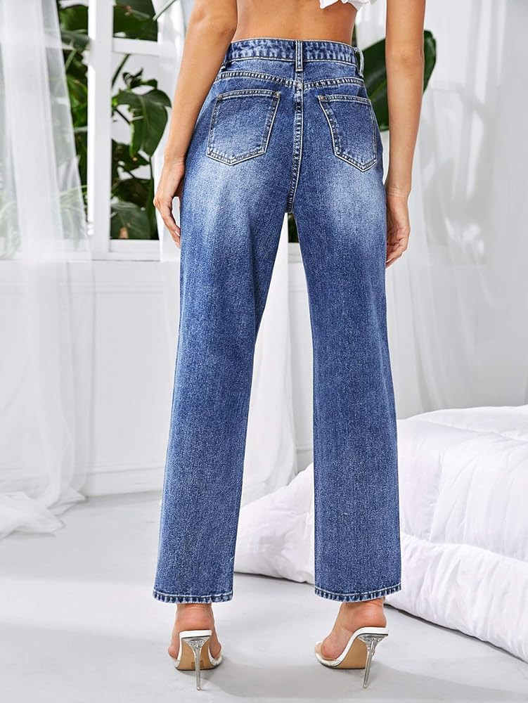 MakeMeChic Women's Butterfly Print Zipper Straight Leg Jeans | Amazon (US)