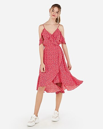 printed cold shoulder ruffle wrap midi dress | Express