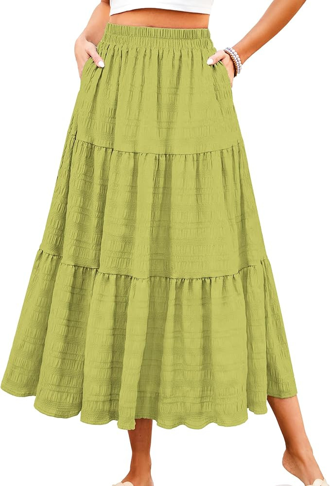 HUSKARY Women's Summer Casual Elegant Smock Layered Tiered Maxi Skirt High Waisted A Line Flowy L... | Amazon (US)