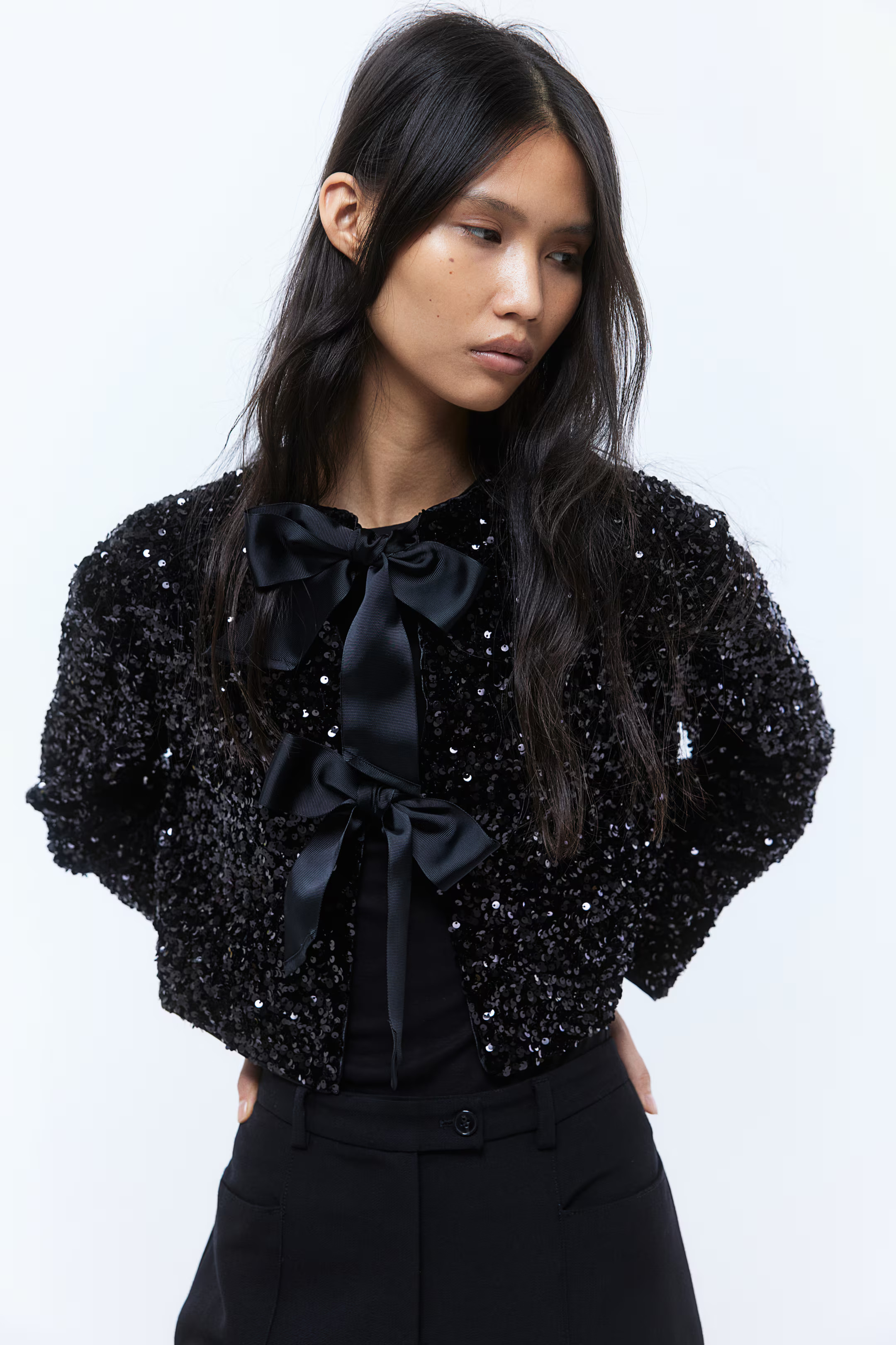 Sequined Bow-Front Jacket - Black - Ladies | H&M US | H&M (US + CA)