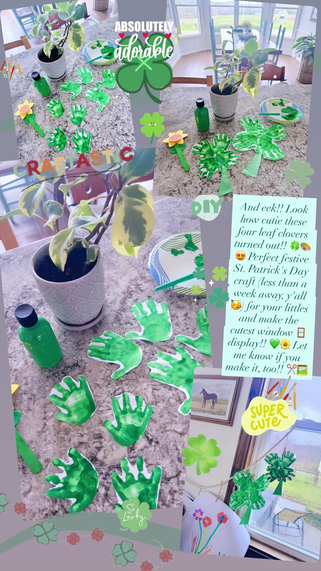 And eek!! Look how cutie these four leaf clovers turned out!! 🍀🎨😍 Perfect festive St. Patrick's Day craft (less than a week away, y'all 🥳) for your littles and make the cutest window 🪟 display!! 💚🌼 Let me know if you make it, too!! ✂️🖼️