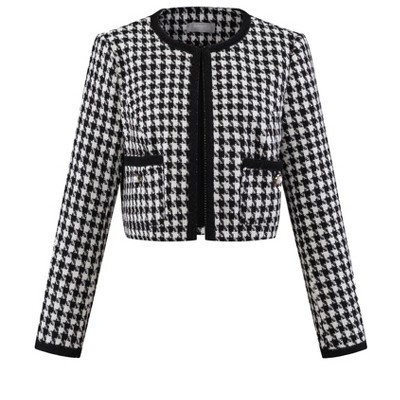 Hobemty Women's Tweed Round Neck Open Front Plaid Houndstooth Blazer XX-Large Black White | Target