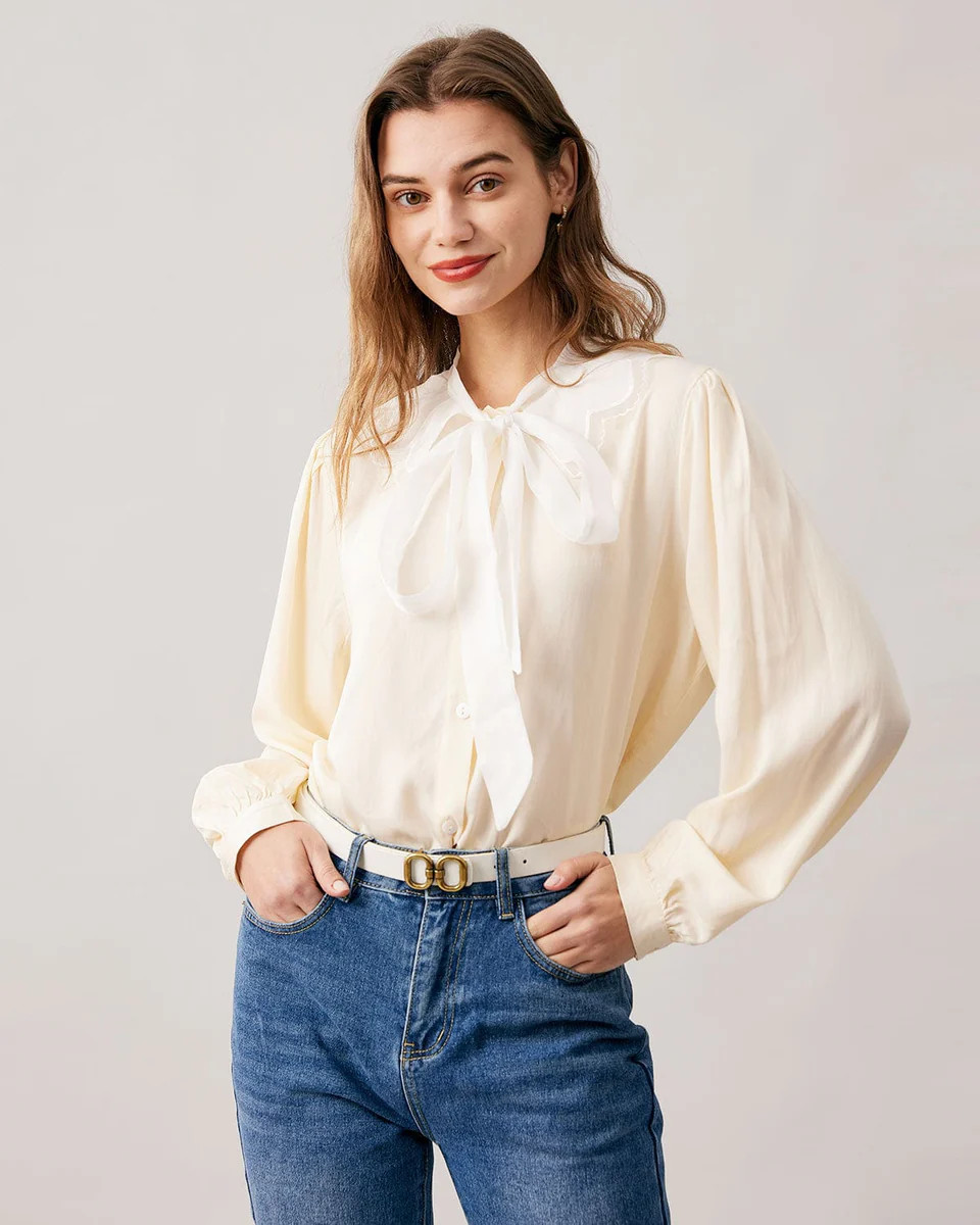 The Apricot Tie Neck Puff Sleeve Spliced Blouse & Reviews - Apricot - Tops | RIHOAS | rihoas.com