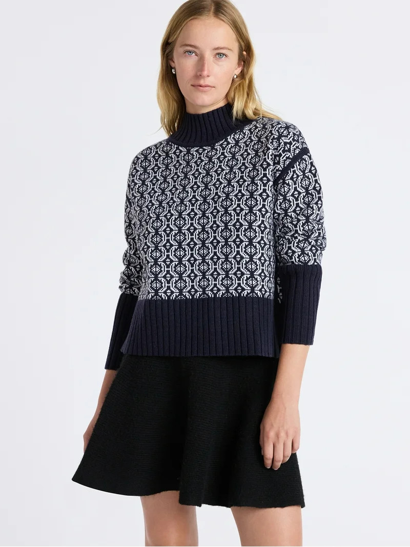 Free Assembly Women's Patterned Mock Neck Sweater with Tall Cuffs, Midweight, Sizes XS-XXL | Walmart (US)